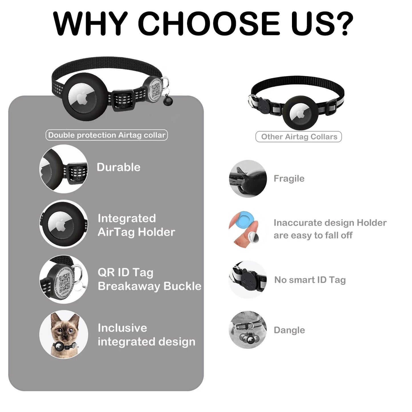 Pour collier de chat GPS AirTag avec étiquette QR, collier réfléchissant pour animaux de compagnie avec porte-étiquette d'air et étiquette de chat, collier de chaton AIRTAG