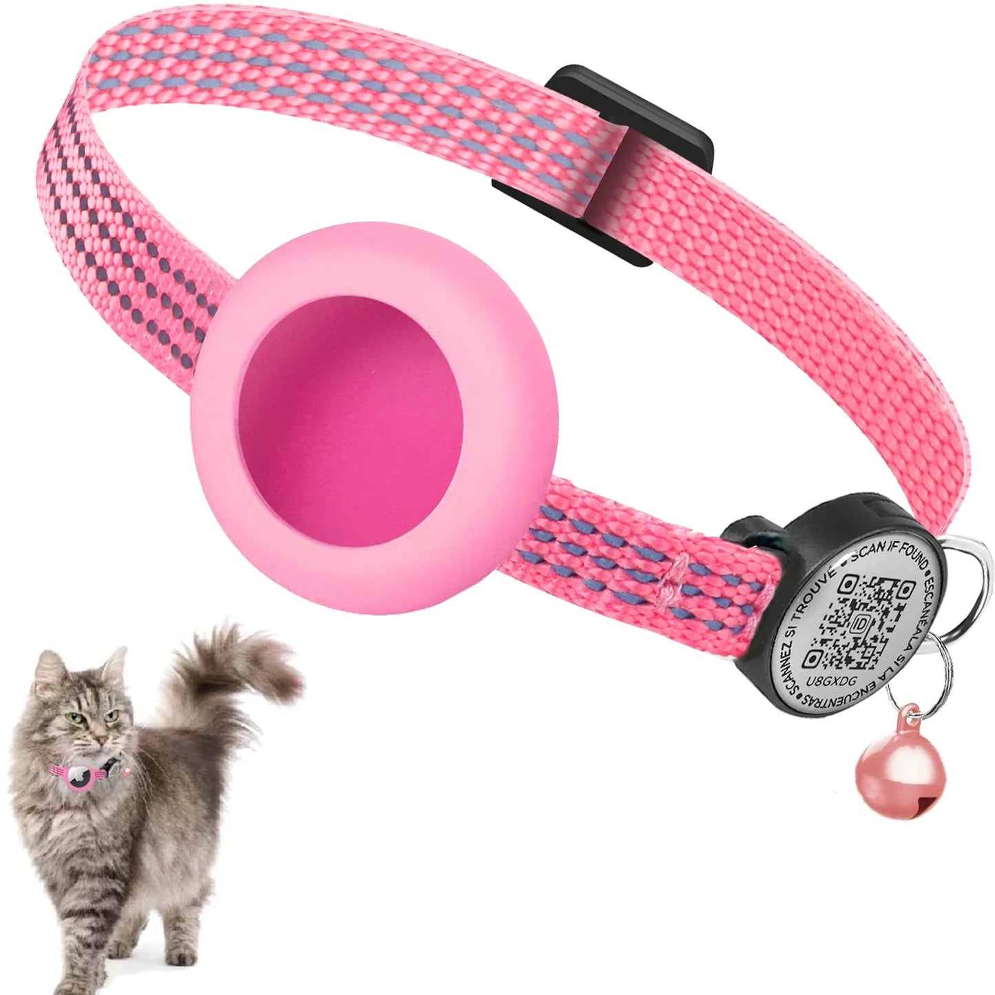 Pour collier de chat GPS AirTag avec étiquette QR, collier réfléchissant pour animaux de compagnie avec porte-étiquette d'air et étiquette de chat, collier de chaton AIRTAG