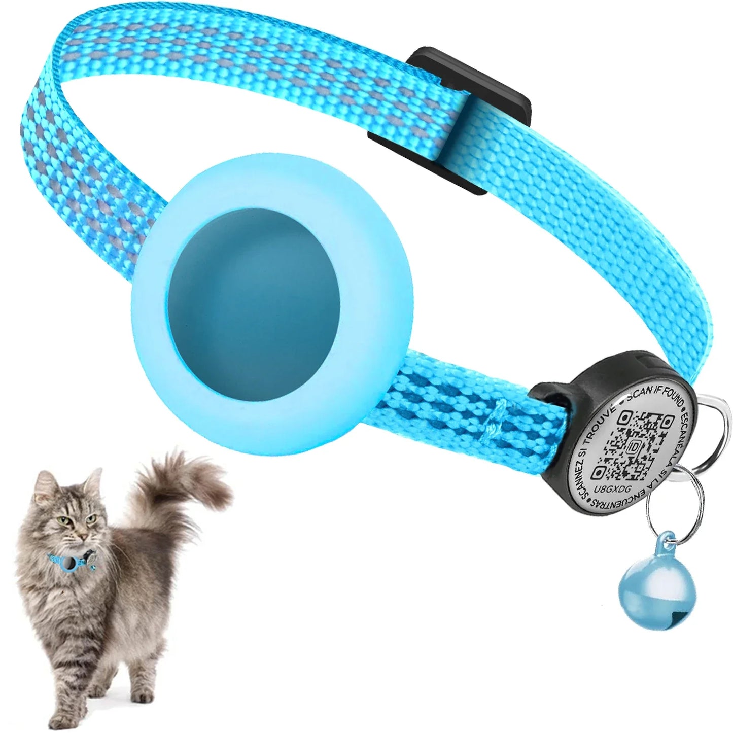 Pour collier de chat GPS AirTag avec étiquette QR, collier réfléchissant pour animaux de compagnie avec porte-étiquette d'air et étiquette de chat, collier de chaton AIRTAG
