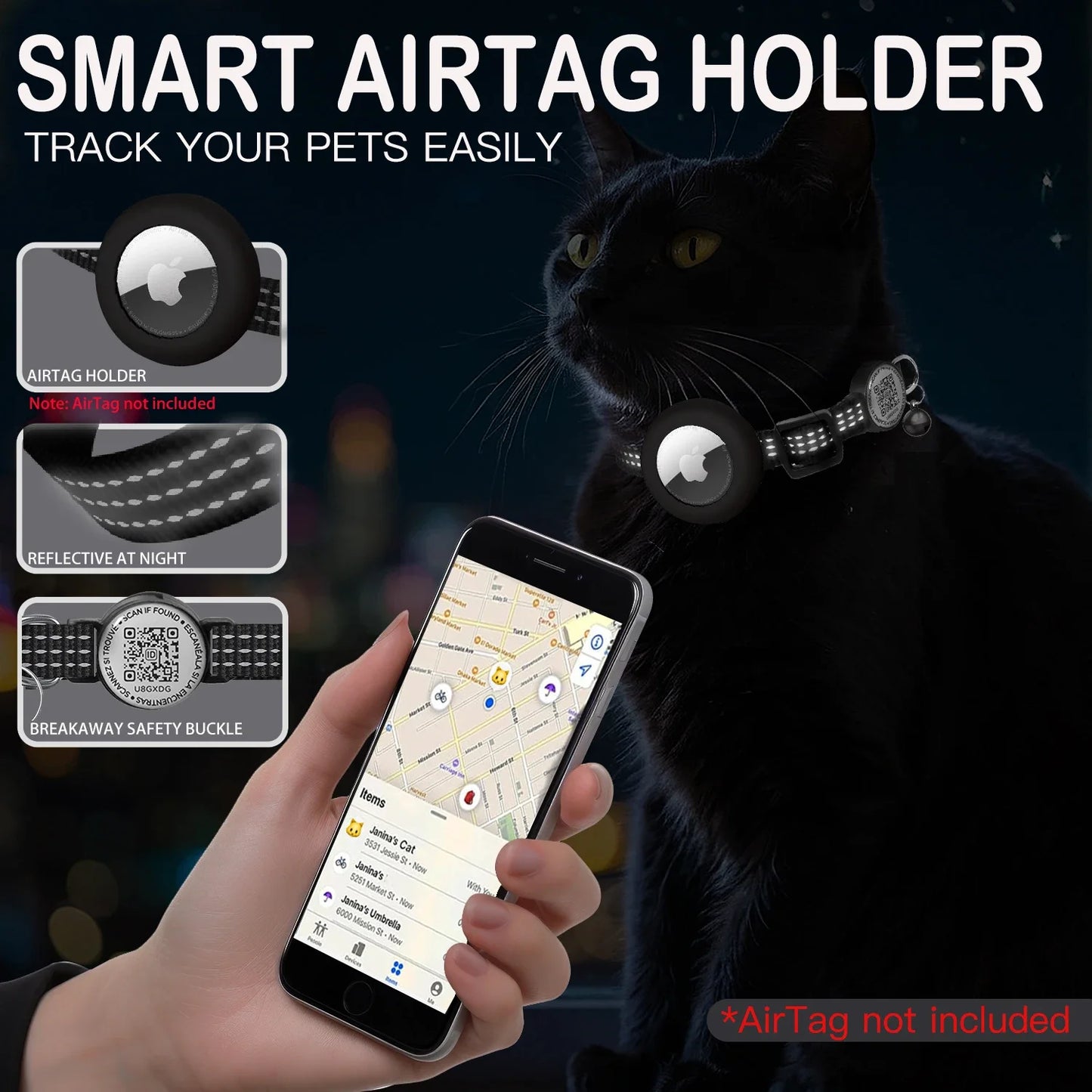 Pour collier de chat GPS AirTag avec étiquette QR, collier réfléchissant pour animaux de compagnie avec porte-étiquette d'air et étiquette de chat, collier de chaton AIRTAG